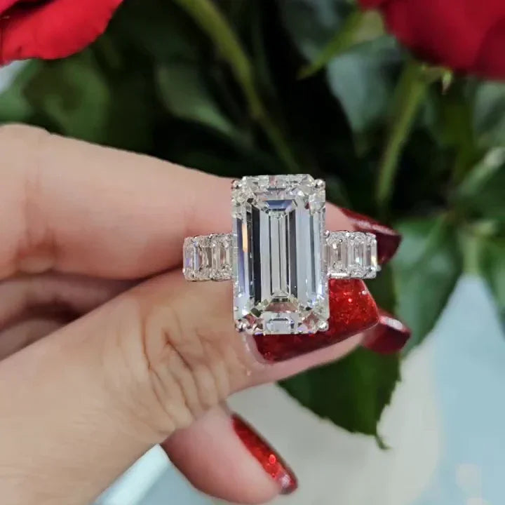 11.40 TCW Emerald Lab Grown Diamond Engagement Ring | Emerald Cut Side Stones | IGI Certified 