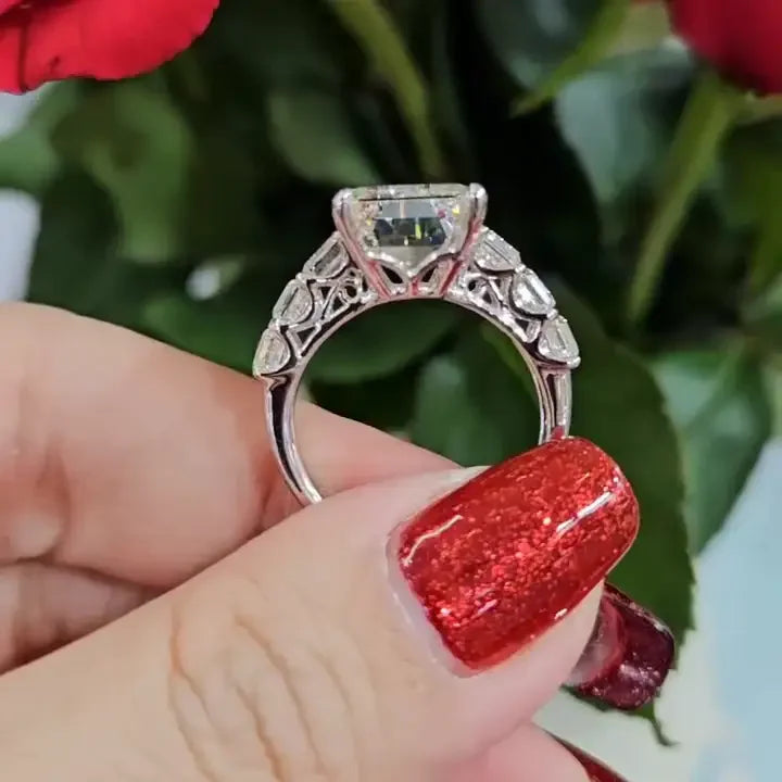 11.40 TCW Emerald Lab Grown Diamond Engagement Ring | Emerald Cut Side Stones | IGI Certified 