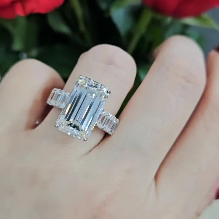 11.40 TCW Emerald Lab Grown Diamond Engagement Ring | Emerald Cut Side Stones | IGI Certified 