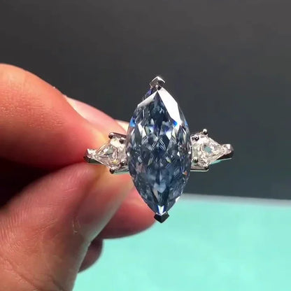 11.50 TCW Fancy Blue Marquise Lab Grown Diamond Engagement Ring | Three Stone Ring | IGI Certified 