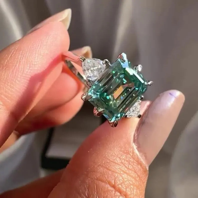 12.00 TCW Fancy Blue Emerald Lab Grown Diamond Engagement Ring | Trillion Side Stone | IGI Certified 