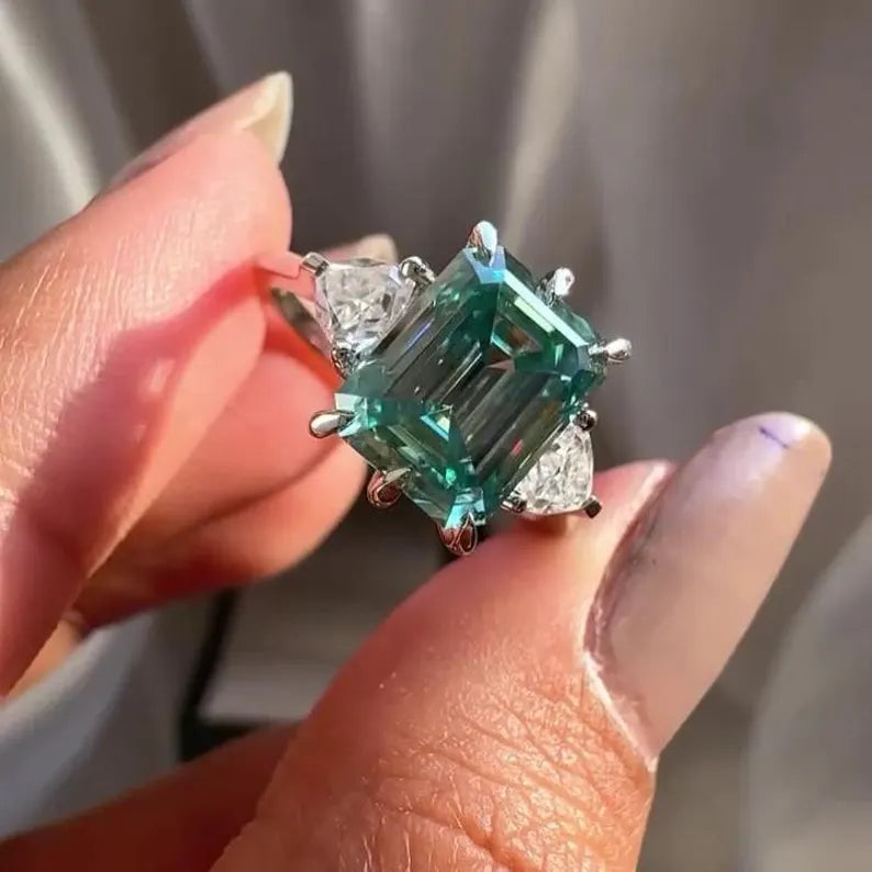 12.00 TCW Fancy Blue Emerald Lab Grown Diamond Engagement Ring | Trillion Side Stone | IGI Certified 