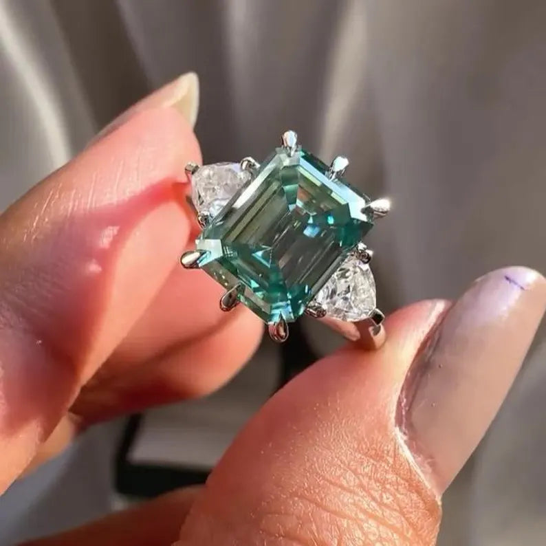 12.00 TCW Fancy Blue Emerald Lab Grown Diamond Engagement Ring | Trillion Side Stone | IGI Certified 