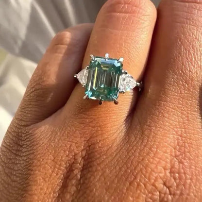 12.00 TCW Fancy Blue Emerald Lab Grown Diamond Engagement Ring | Trillion Side Stone | IGI Certified 