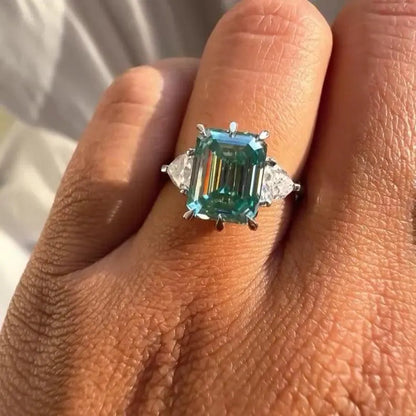 12.00 TCW Fancy Blue Emerald Lab Grown Diamond Engagement Ring | Trillion Side Stone | IGI Certified 