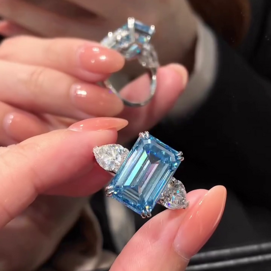 12.50 TCW Fancy Blue Emerald Lab Grown Diamond Engagement Ring | Three Stone Ring | IGI Certified 