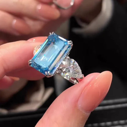 IGI certified fancy blue emerald diamond engagement ring, lab created three stone ring, luxury bridal jewelry, statement wedding band
