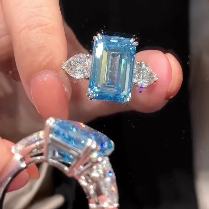 12.50 TCW Fancy Blue Emerald Lab Grown Diamond Engagement Ring | Three Stone Ring | IGI Certified 