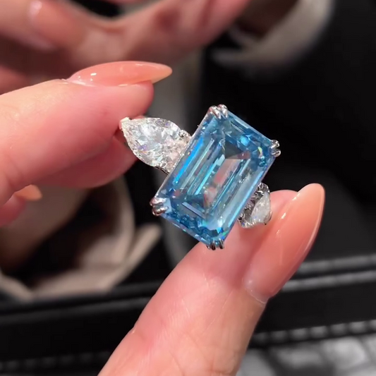 12.50 TCW Fancy Blue Emerald Lab Grown Diamond Engagement Ring | Three Stone Ring | IGI Certified 