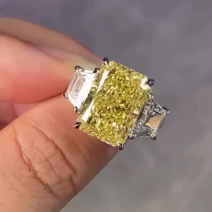 Fancy yellow radiant lab grown diamond engagement ring, three stone IGI certified bridal ring, luxury solitaire, statement jewelry, anniversary gift