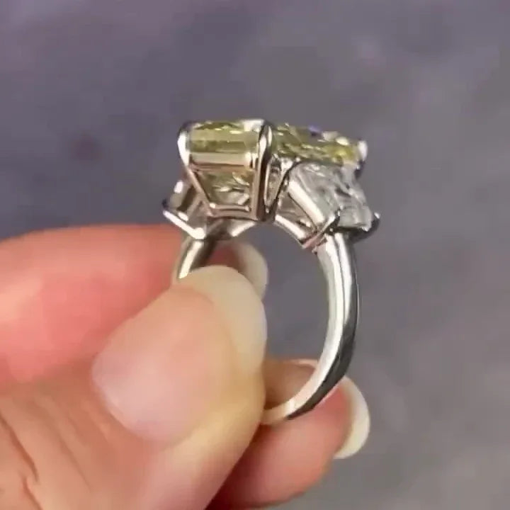 Radiant fancy yellow lab grown diamond engagement ring, trapezoid side stones, IGI certified three stone bridal ring, anniversary jewelry