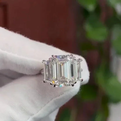Emerald lab created diamond engagement ring, 15 TCW three stone ring, IGI certified bridal jewelry, elegant anniversary gift for her