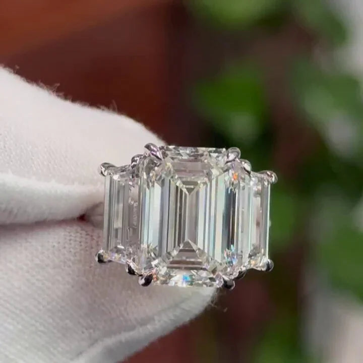 15.00 TCW Emerald Lab Grown Diamond Engagement Ring | Classic Three Stone Ring | IGI Certified 