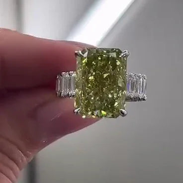Fancy yellow radiant cut lab grown diamond ring, IGI certified three stone engagement ring, luxury bridal jewelry, anniversary gift for her