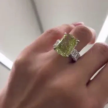 IGI certified fancy yellow radiant lab created diamond engagement ring, statement three stone ring, elegant bridal jewelry for women