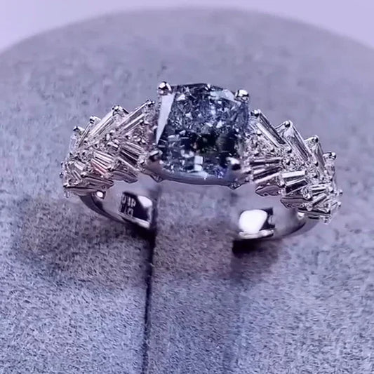 IGI certified blue cushion cut lab grown diamond ring, baguette accents, engagement jewelry, wedding ring, sustainable diamond, bridal set