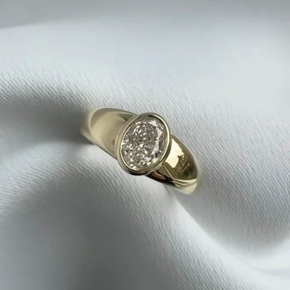 1.00ct oval lab grown diamond engagement ring, bezel setting solitaire, IGI certified bridal ring, ethical diamond jewelry, modern wedding ring