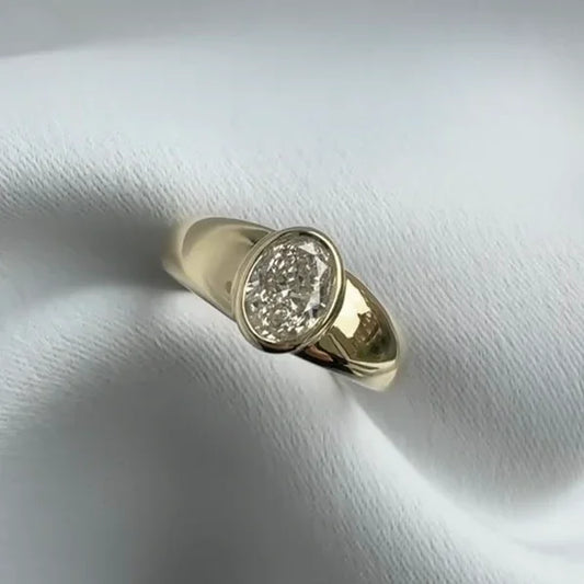 1.00ct oval lab grown diamond engagement ring, bezel setting solitaire, IGI certified bridal ring, ethical diamond jewelry, modern wedding ring