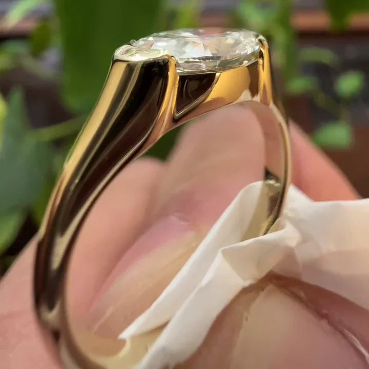Oval cut lab grown diamond ring 1 carat, half bezel engagement ring, IGI certified bridal jewelry, sustainable solitaire proposal ring