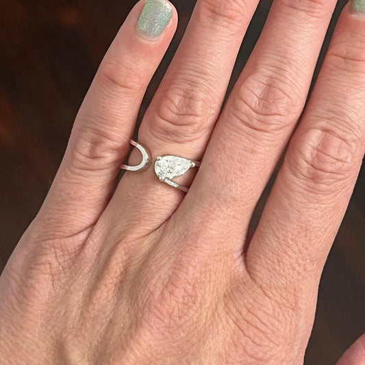 1.00ct pear lab grown diamond engagement ring, bypass setting solitaire, IGI certified bridal ring, ethical diamond jewelry, modern wedding ring
