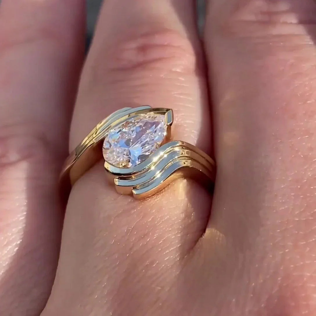 1.00ct Pear Lab Grown Diamond Engagement Ring | Half Bezel Setting | IGI Certified 