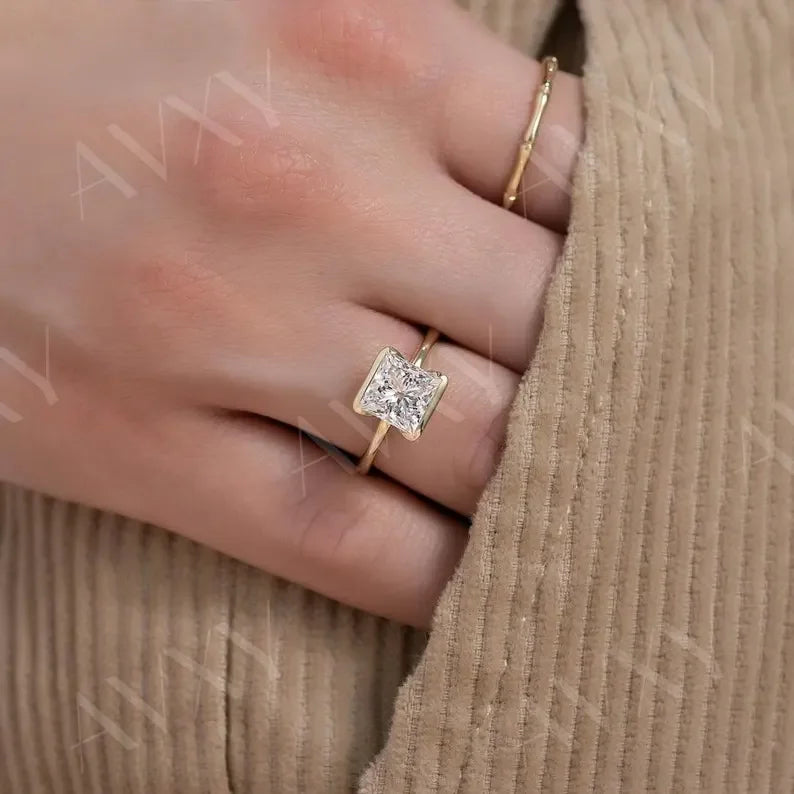 Princess lab grown diamond engagement ring 1.00ct, half bezel solitaire ring, IGI certified, modern bridal jewelry, sustainable luxury diamond ring