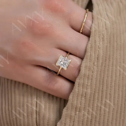 Princess lab grown diamond engagement ring 1.00ct, half bezel solitaire ring, IGI certified, modern bridal jewelry, sustainable luxury diamond ring