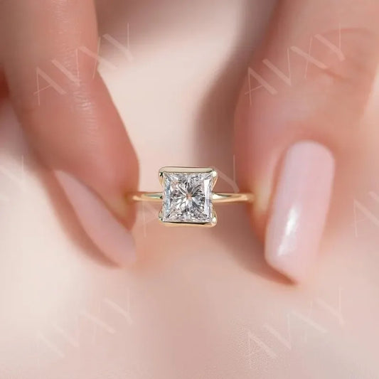 1.00ct princess cut lab grown diamond engagement ring, half bezel setting, IGI certified, solitaire ring, white gold, eco friendly bridal jewelry