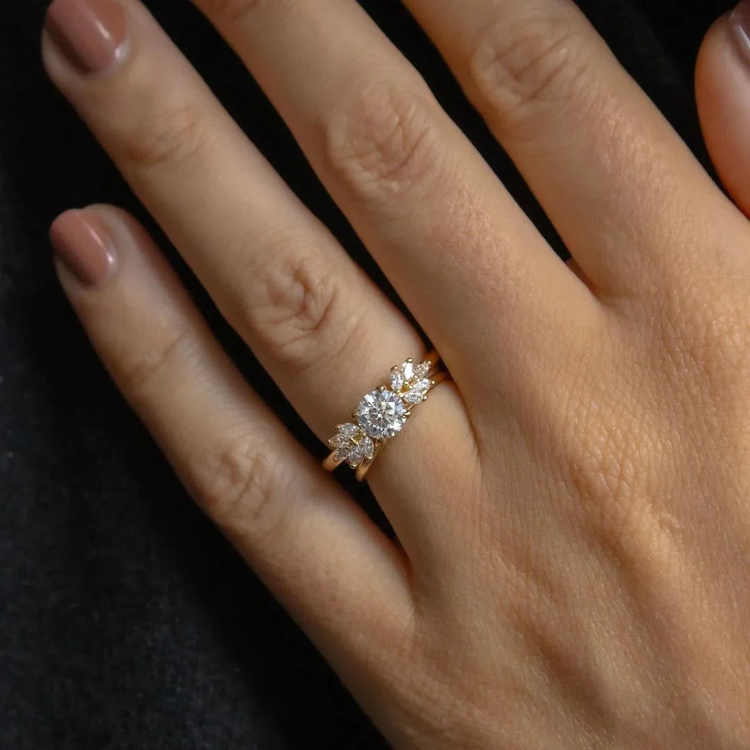 Luxury 1.0ct round lab grown diamond ring, marquise side stone engagement ring, IGI certified, Anastasia setting, bridal jewelry gift