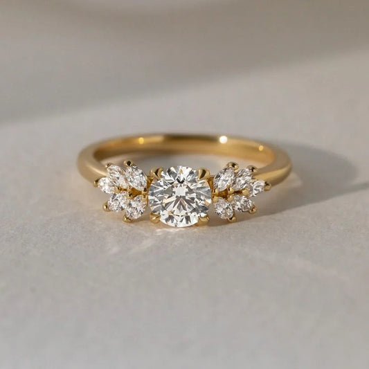 1.0ct round lab grown diamond engagement ring, marquise side stones, Anastasia setting, IGI certified, bridal ring, white gold, solitaire