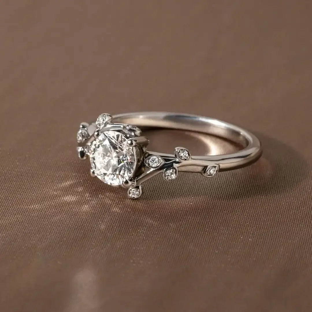 Round cut lab grown diamond engagement ring 1.0ct, vine style band, IGI certified diamond, fine jewelry, bridal wedding ring