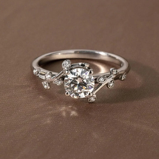 1.0ct round lab grown diamond engagement ring, vine band setting, IGI certified, bridal ring, solitaire ring, white gold jewelry, wedding ring