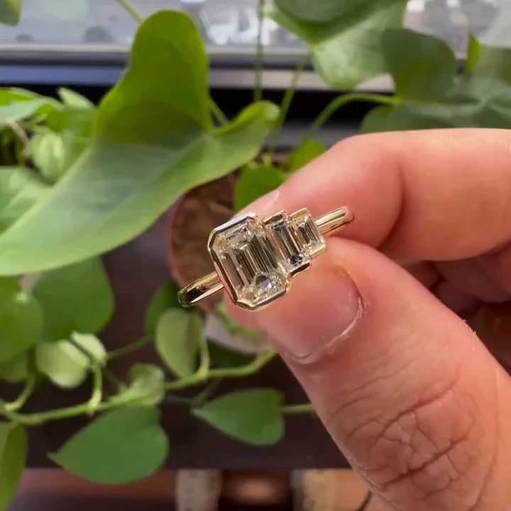 Emerald cut lab grown diamond engagement ring 1.10TCW, half bezel setting, IGI certified, modern bridal jewelry, proposal ring