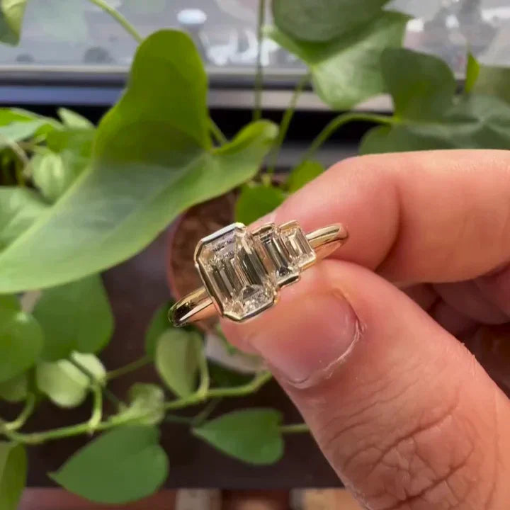1.10TCW Emerald Lab Grown Diamond Engagement Ring | Half Bezel Setting | IGI Certified 