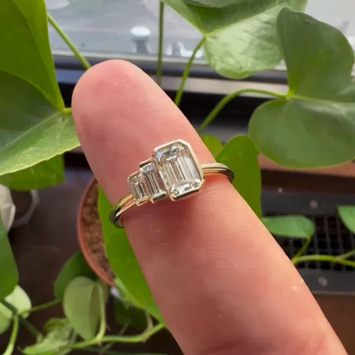 1.10TCW emerald lab grown diamond engagement ring, half bezel setting, IGI certified, bridal ring, luxury wedding jewelry, fine jewelry