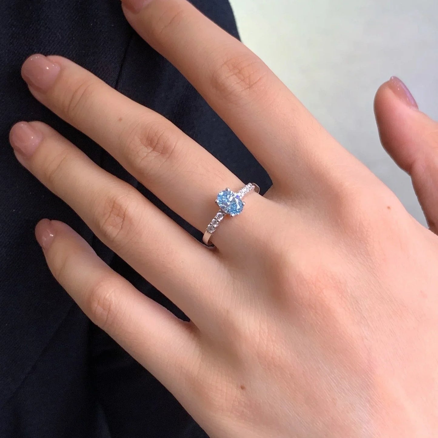 1.00CT fancy blue oval lab grown diamond engagement ring, pavé solitaire setting, IGI certified bridal jewelry, luxury wedding ring