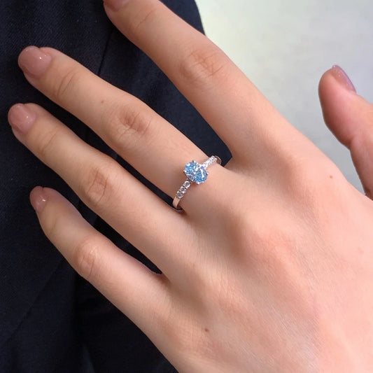 1.20TCW fancy blue oval lab grown diamond engagement ring, pavé solitaire setting, IGI certified bridal jewelry, luxury wedding ring