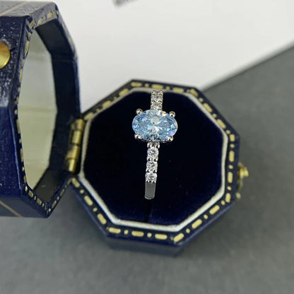 Fancy blue oval lab created diamond ring, 1.00 CT  pavé solitaire engagement ring, IGI certified, elegant bridal wedding jewelry