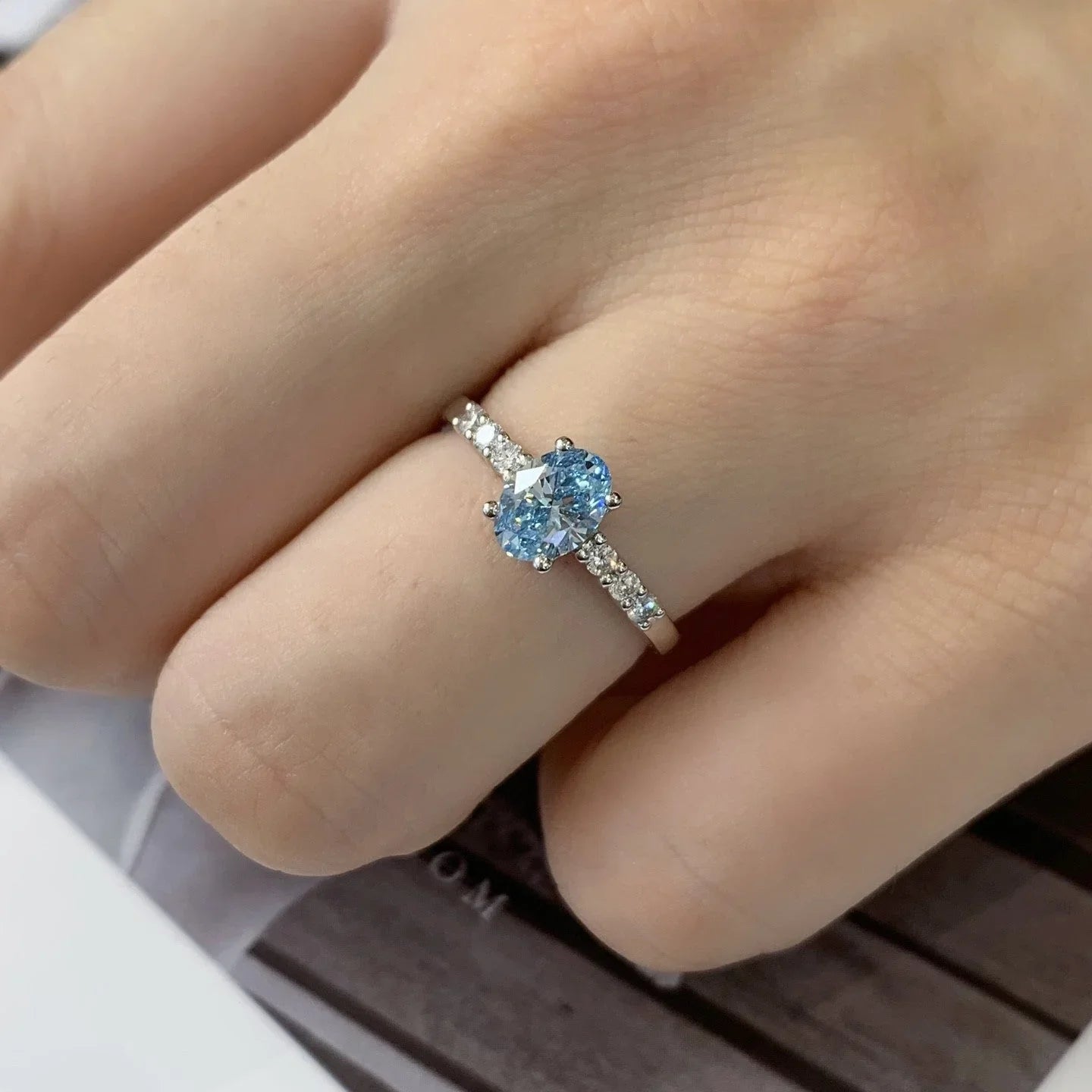 1.20 TCW Fancy Blue Oval Lab Grown Diamond Engagement Ring | Pavé Solitaire Ring | IGI Certified 