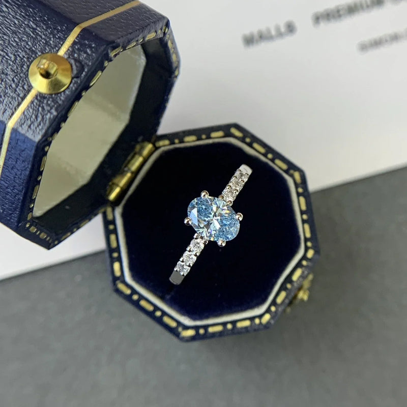 1.00 CT Fancy Blue Oval Lab Grown Diamond Engagement Ring | Pavé Solitaire Ring | IGI Certified