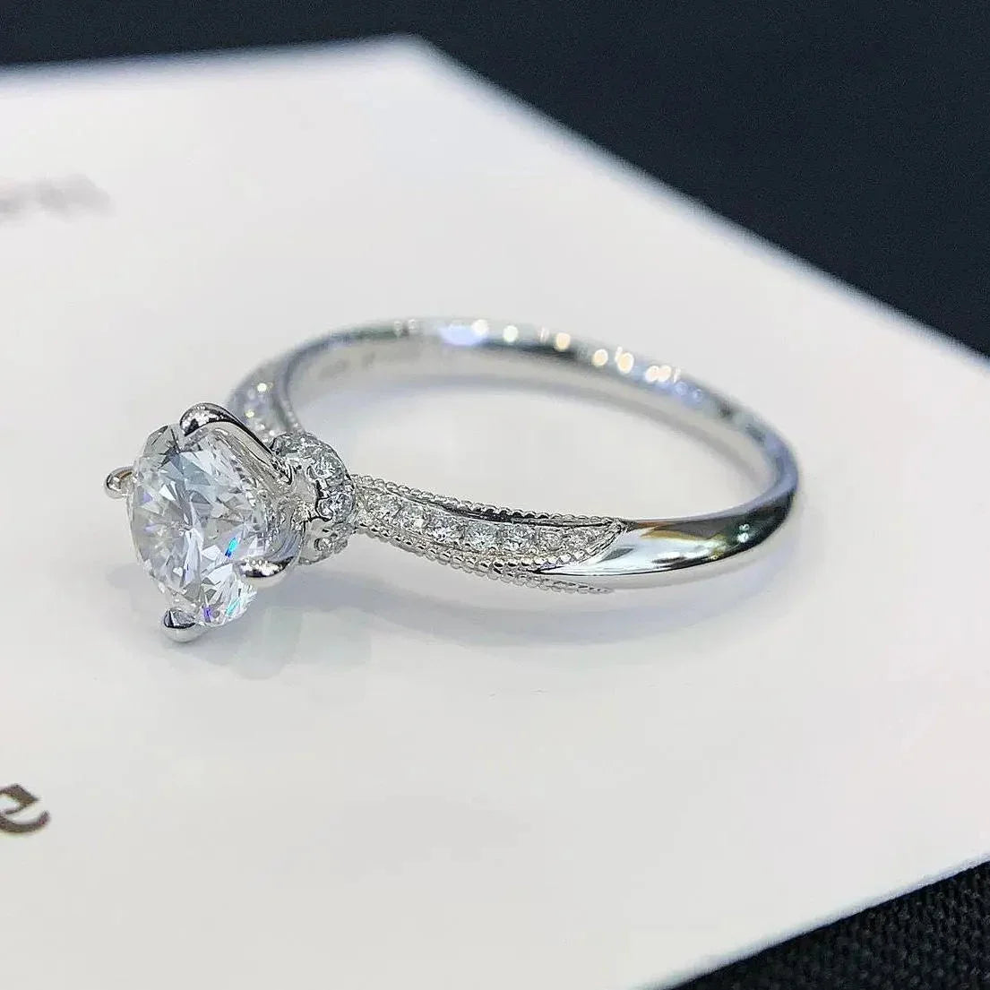Round lab created diamond engagement ring, 1.20TCW pavé band with hidden halo, IGI certified, elegant bridal jewelry