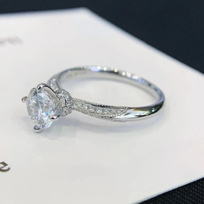 Round lab created diamond engagement ring, 1.20TCW pavé band with hidden halo, IGI certified, elegant bridal jewelry