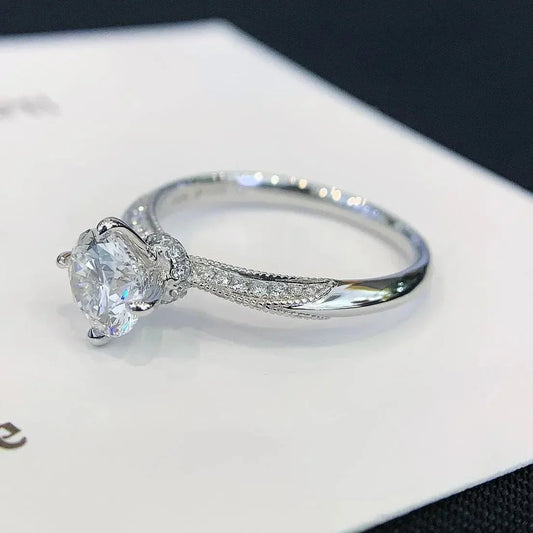 Round lab created diamond engagement ring, 1.20TCW pavé band with hidden halo, IGI certified, elegant bridal jewelry