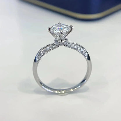 Hidden halo round lab grown diamond engagement ring, 1.20TCW pavé band design, IGI certified bridal wedding jewelry