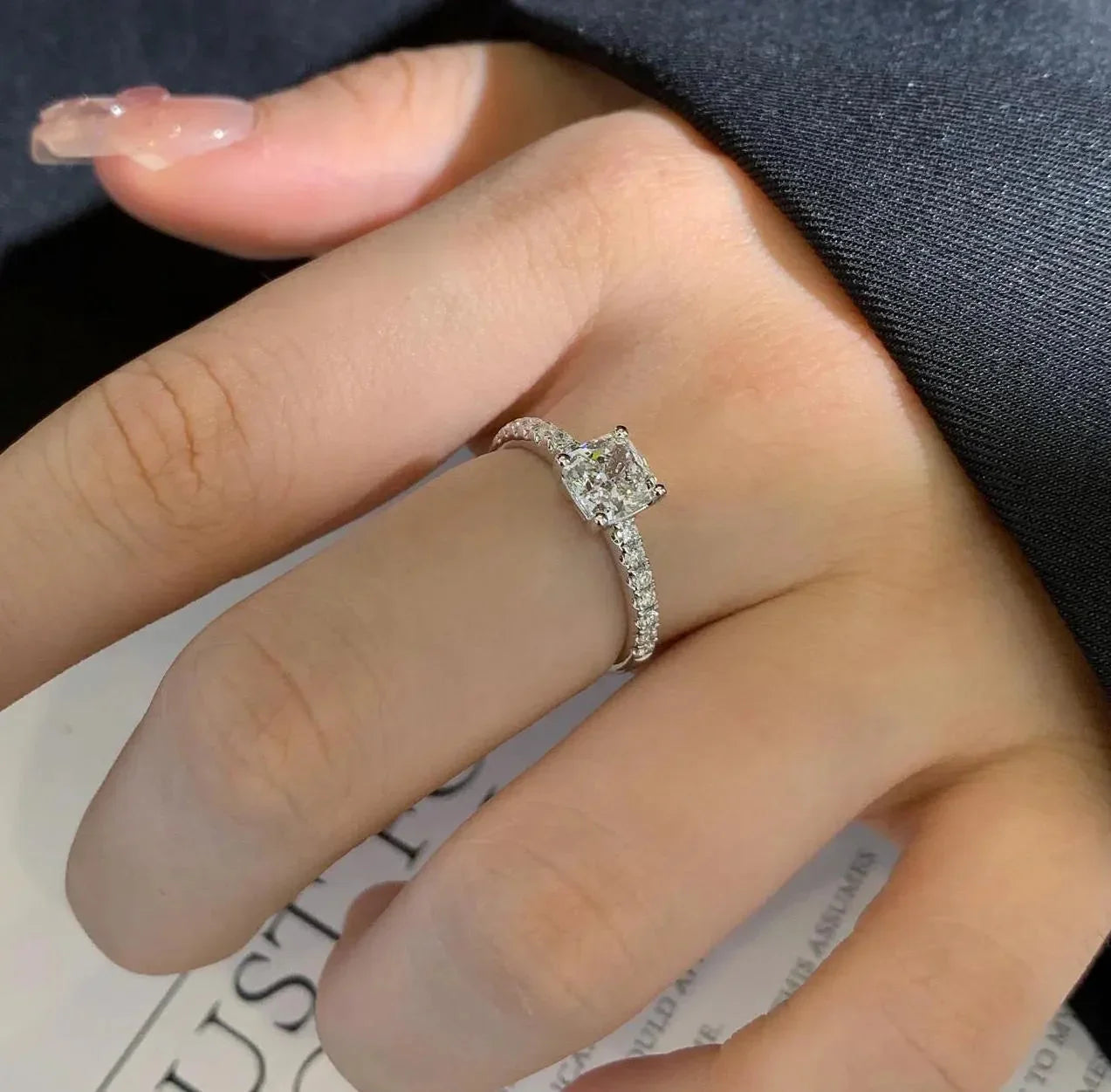 Cushion cut lab created diamond engagement ring, 1.00 CT basket solitaire pavé ring, IGI certified, elegant bridal jewelry