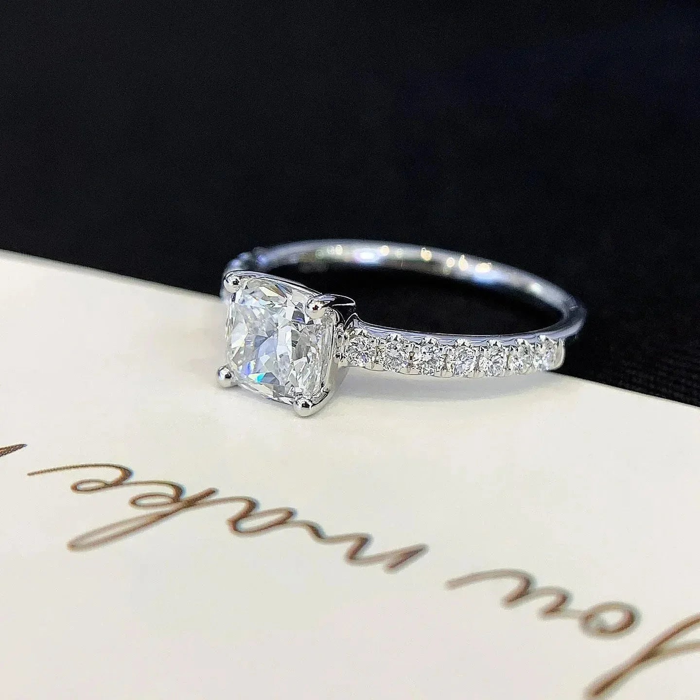 Cushion lab grown diamond engagement ring, 1.20ct basket solitaire pavé design, IGI certified luxury bridal wedding jewelry