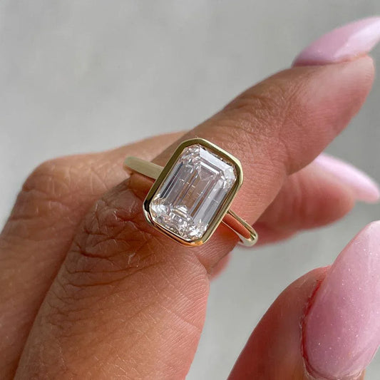 Emerald cut lab created diamond engagement ring, 1.20ct bezel cathedral ring, IGI certified, elegant bridal wedding jewelry