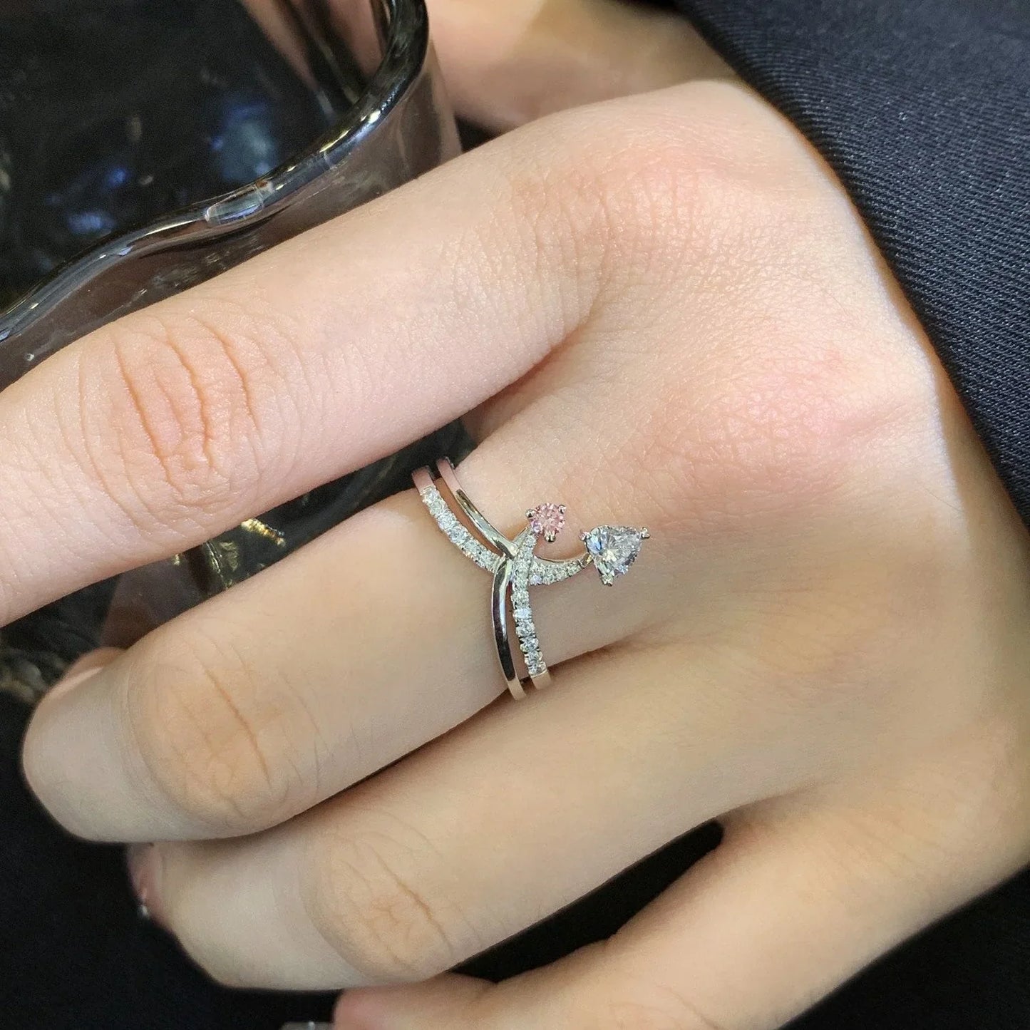 IGI certified 1.20TCW Toi Et Moi lab grown diamond ring with heart and round cut stones, double band engagement ring, fine bridal jewelry