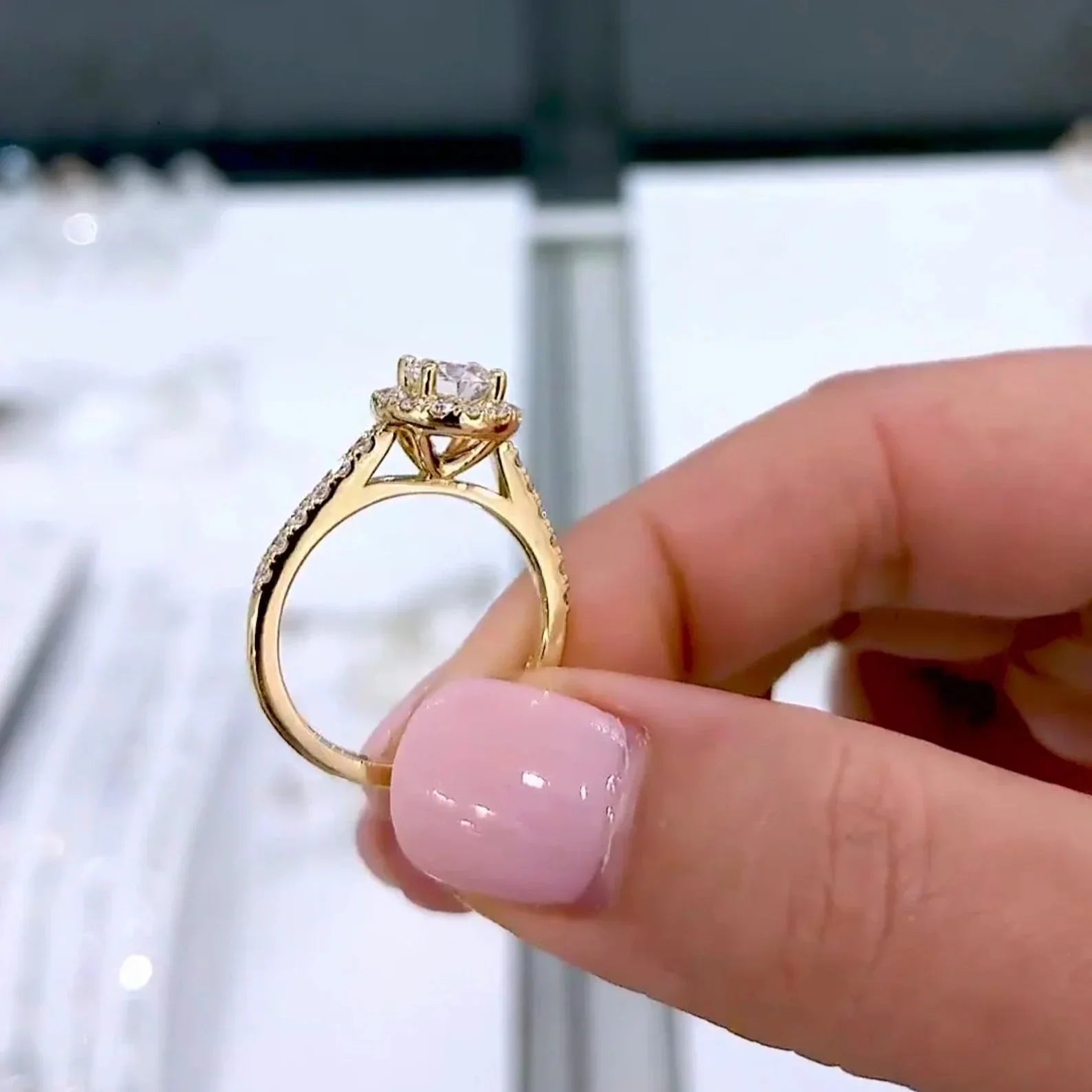 Round lab grown diamond halo engagement ring 1.30 TCW, cathedral design, sustainable bridal jewelry, elegant diamond solitaire ring