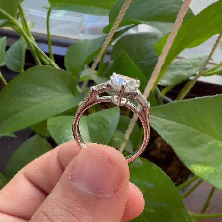 Heart shaped lab grown diamond engagement ring 1.30 CT, three stone baguette design, IGI certified, luxury bridal jewelry gift